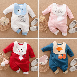Baby Clothes Sets 100% Cotton Long Sleeves Animal Print Jumpsuit Bodysuit Romper +Bibs Set For Baby Boys Girls