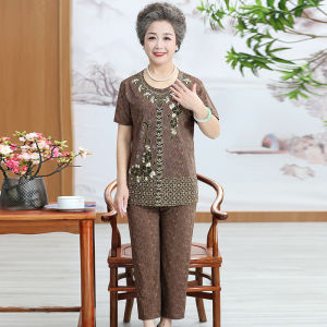 Women Suit With Printed Short Sleeves + Wide-Leg Pants Two-Piece Suit For The Elderly L6020