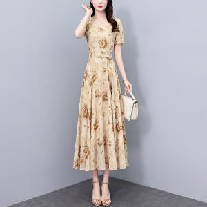 Impression Fashion Women Elegant Chiffon V-neck Short Sleeve Floral Slim Cutting Tunic High Waist Plus Size Long Dress