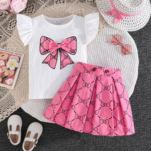 Prowow Girl School Outfit Flutter Sleeve Front Bow T-shirt and Vintage Printed Skirt Summer 2pcs Set For Children Clothing Girls2026