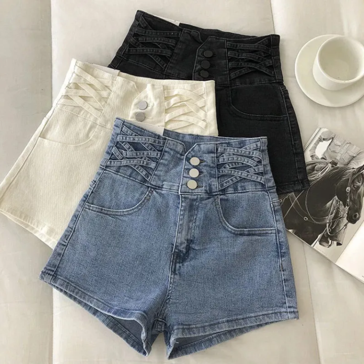 【44-100kg】Plus size high waist denim shorts for girls women
