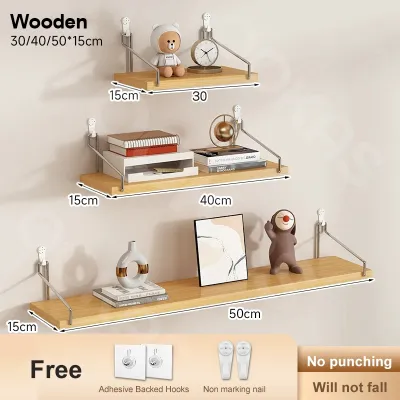YAKO No-Punch Floating Wall Shelf Wooden Home DIY Decor Wall Mounted Bookcase 壁挂置物架