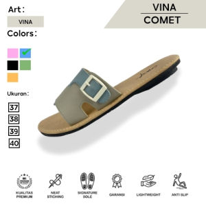 Comet Sandal Wanita Slop Kokop VINA Slide Sandal Flat Teplek Motif Gesper Kombinasi Flat Color Series