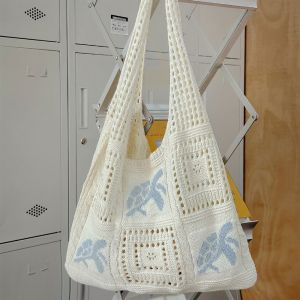 XU HOME ตัวการ์ตูนเต่า กระเป๋าสะพายถัก ถัก กลวง กระเป๋าถือ ใหม่ ความจุขนาดใหญ่ กระเป๋าบัคเก็ต ผู้หญิง