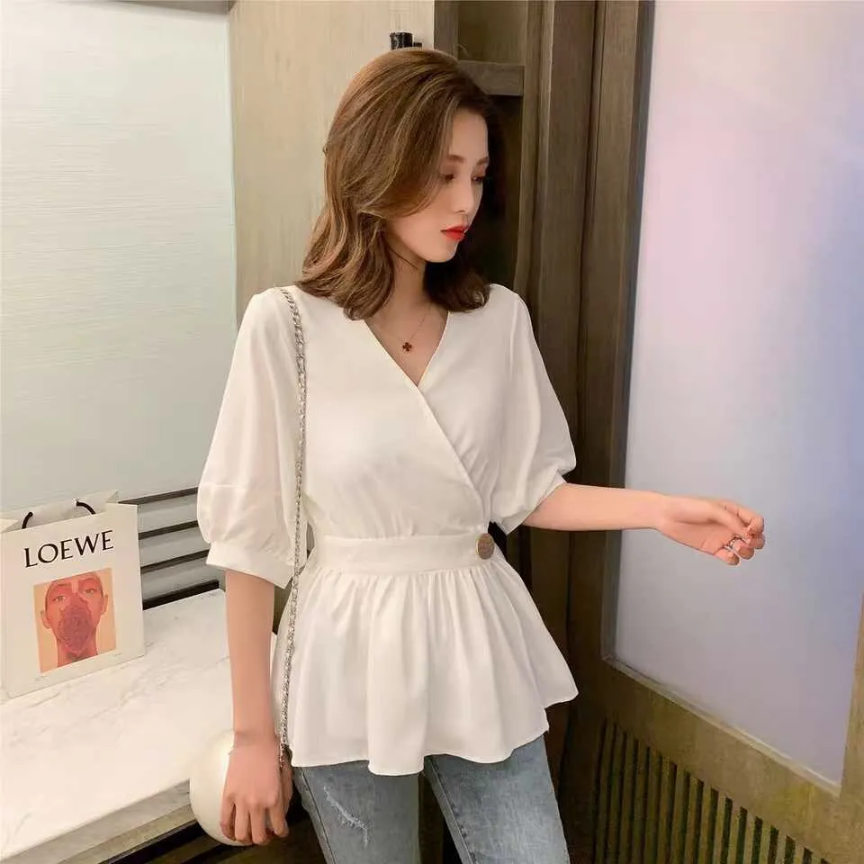M-4XL Plus Size Korean Style V-neck Women Blouse Fashion Slim