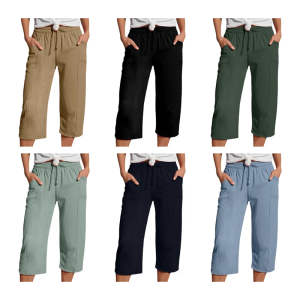 Womens 3/4 Linen Cotton Trousers Drawstring Elasticized Waistband Loose Fit Capris Pants For Leisure And Summer Outings