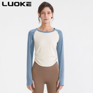 Luoke yoga top for women New pleated contrast color gym clothes long-sleeved quick-drying running top rope skipping training sports blouse fitness suit women