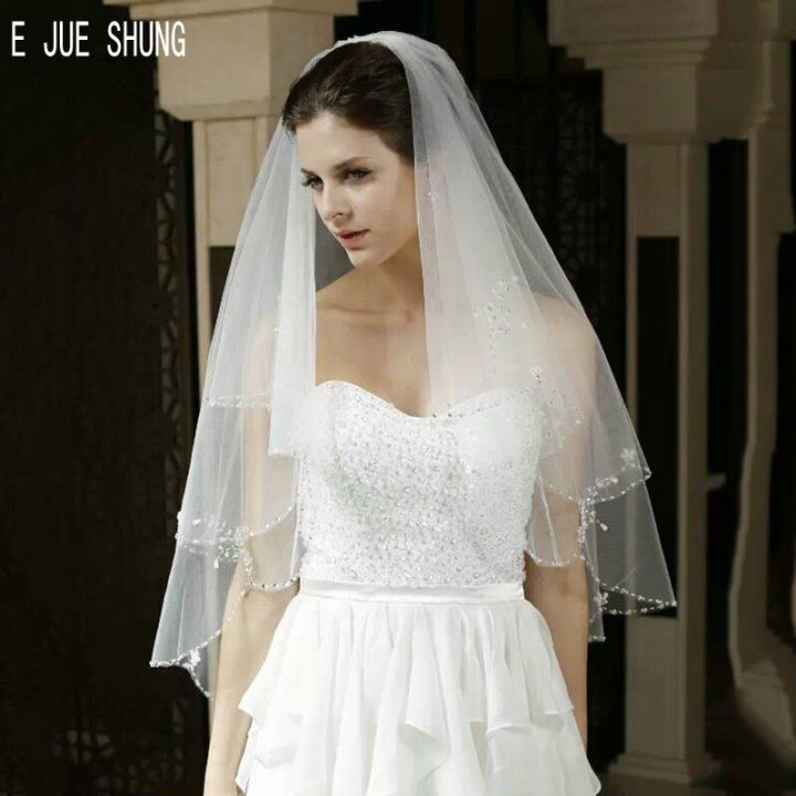 เครื่องประดับขอบลูกปัดสองชั้นแบบผ้าคลุมศีรษะเจ้าสาวจาก E Jue Shung สั้น ...