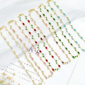 ZYJC Multicolour Rose Flower Necklace Light Luxury Copper Zircon Zircon Necklace Elegant Crystal Leaf Necklace Women Girls