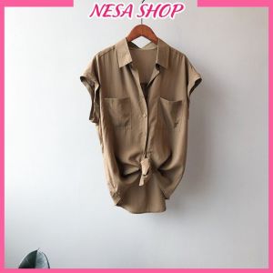 Áo sơ mi nữ tay ngắn trẻ trung form rộng bigsize chất liệu vải Đũi mềm mát thấm mồ hôi NeSa Shop SMH.33