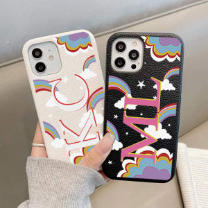 Rainbow Personalised Initials Pebble Grain Leather Phone Case for iphone 14 13 15 16 17 Pro Max 14 15 16 Plus Cover Custom Cases