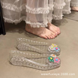 [Free Shipping] 2026 New Transparent Jelly Shoes Hollow Crystal Single Shoes Square Toe Niche Comfortable Shallow Flat Hole Shoes