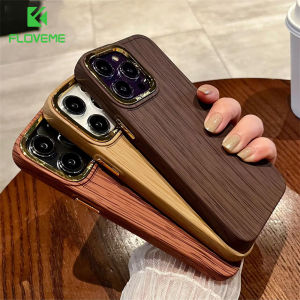 FLOVEME Luxury Wooden Grain Texture Smooth Phone Case For iPhone 14 13 12 11 Pro Max 14 Plus Plating Lens Frame Full Protection Soft Silicone Bumper Back Cover For iphone X XR XS Max