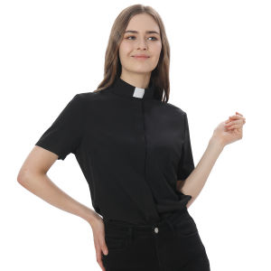 Clergywoman Blouse Clergy Shirt with Tab Collar Short Sleeves Tops for Priest Pastor Preacher Minister Black White