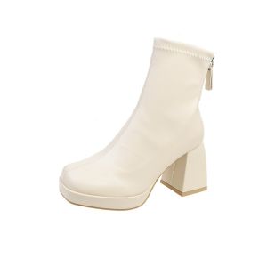 NI Autumn New Korean Style Womens 8cm High-heeled Martin Boots Waterproof Block Heeled Leather Boots #408