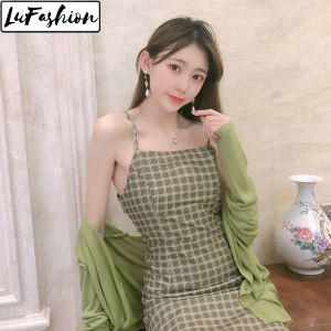 LuFashion Womens Dresses Summer Sleeveless Slip Dresses Casual Slim Green Fashion Plaid