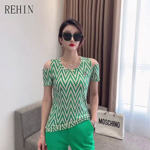 REHIN Womens Top Summer New Fashion Hot Drill Ripple Print Strapless Short-sleeved T-shirt Round Neck off Shoulder Cotton Slim Fit Blouse