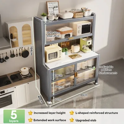CompactSteel​​ store Kitchen Cabinet Organizer with Sliding Doors | Multi-Layer Kitchen Storage Rack & Pantry Cabinet | Heavy Duty Steel Cupboard Dish Rack Microwave Stand Space Saver
