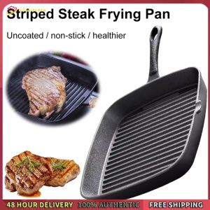 Winnereco Iron Household Square Stripes Frying Steak Pan Non-coated Frying Pan Non-stick Camping Saucepan Omelet Pot Steak Skillet
