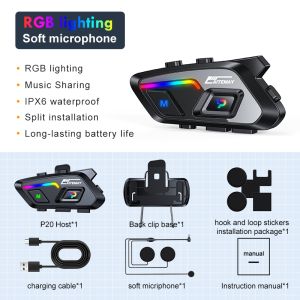 HLINKEY P20 Motorcycle Bluetooth Intercom Headset Bluetooth 5.3 Hands-free Call 500M Waterproof Wireless Phone Earphone 1000mAh With RGB Light