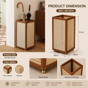 Bamboo and rattan umbrella stand with wooden storage rack featuring a drip tray and hooks suitable for home entryways living rooms offices and shop decoration and storage.
