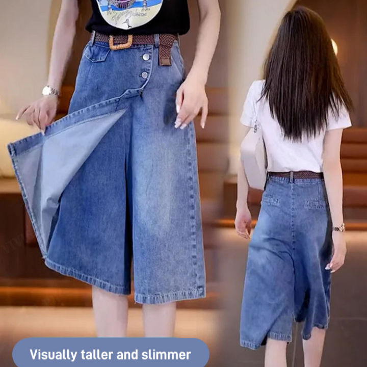 vivigo Hot sale denim half skirt false 2-piece skirt pants Simple ...