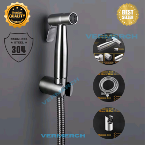 Vermerch VBS-01 Bidet Set 304 Stainless Steel Premium Quality 3 in 1 Bidet Set with Hose Holder and Bidet Head Heavy Duty Bidet Spray Gun Set SUS304 Stainless Steel 3In1 Bathroom Toilet Washer With Hose Holder Handheld Bidet Spray Set Heavy Duty Bidet
