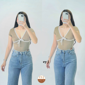 Darlly Ribbon Plunging Neckline Deep V Neck Short Sleeve Basic Casual Semi Crop Top Womenswear Comfortable