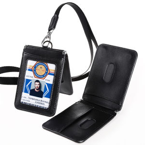 NEW Top Grade Genuine Leather ID Badge Holder Magnet closed ID Card name tags Cases Business Cards Holders with Neck Lanyard Formal Staff Office Worker Supplies