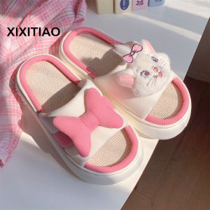 XIXITIAO Breathable and Comfortable Home Mary Cat Linen Slippers Womens Four Seasons Universal Soft Platform New Floor Shoes ins