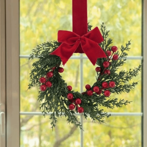 Faux Greenery Christmas Wreath Velvet Bow Lightweight Festive Wall Swag Artificial Cedar Bough Pine Xmas Garland Front Door