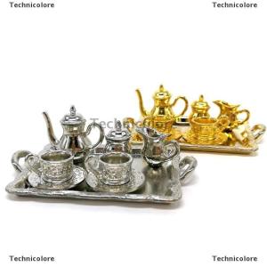 [COD] Technicolore ชุดจานถ้วยชาโลหะเฟอร์นิเจอร์บ้านตุ๊กตา10ชิ้น1: 12