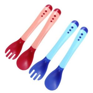 1set Temperature Sensing Color Changing Design Silicone Baby Feeding Spoon And Fork