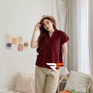 Berryl Blouse Polo Linen Lengan Pendek Atasan Wanita Polos Blus Casual