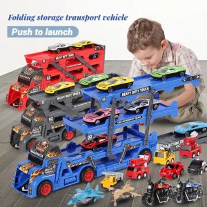 Construction Truck Toy Car for Kids Boys Storage Catapult Transporter with Car Launcher & 6 Alloy Cars Christmas Birthday Toys Gifts for Children