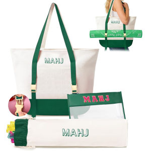 Canvas Three-Piece Letter Mahjong Bag Large Capacity Portable Daily Wear-Resistant Makeup Storage Bag