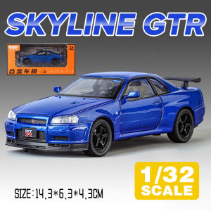 LEO 1:32 NISSAN GTR R34 Metal Alloy Toys Car Model Diecast Vehicle For Boys Kids Simulation Sound Light Effect Gift Hobbies Collection