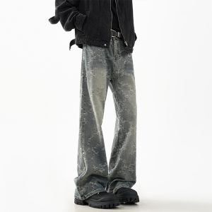 American High Street vibe Jacquard Jeans Men Autumn Trendy Brand Washed Straight Casual Pants Loose Cool Slightly Flared Pants