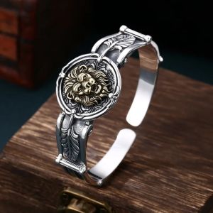 BOCAI New Real Pure s925 Sterling Silver Bracelets for Men Relief Lion Pattern Punk Charms Bangle Fine Choice Jewelry