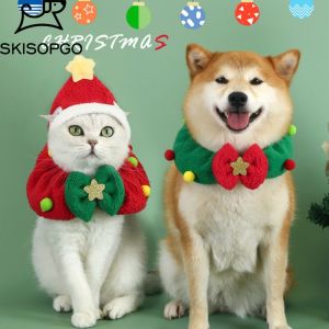 SKISOPGO คริสต์มาส ใหม่ ผ้าพันคอหัวโบ สัตว์เลี้ยง ให้ความอบอุ่น แฟชั่นปลอกคอสำหรับแมวและสุนัข ปี