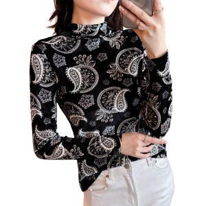 REHIN Paisley Print Mock Neck Long Sleeve Top Fashion Slim Fit Autumn Winter Base T-Shirt for Women