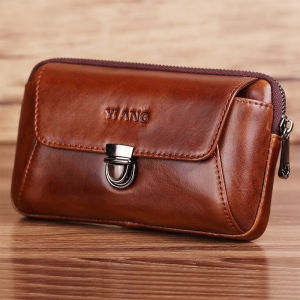 YI ANG Brand 2021 Genuine Leather Mens Fanny Packs Waist Belt Phone Bags Zipper Design Oil Wax Vintage Cowhide Cards Case Travel Riding Motorcycle Hip Bum Pouch Hip Bum Bag Mini Money Purse Small Belt 6 inch Phone Bag for Men Large Capacity