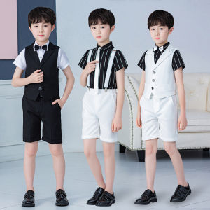 Lontakids 4Pcs Chàng Trai Mùa Hè Đồ Vest trang trọng Vest Quần Short Áo Sơ Mi đính nơ Trẻ Em Quý Ông Tuxedo Trang Phục tiệc cưới sinh nhật Bộ quần áo Cho 2-11 Năm