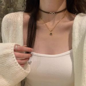 Nicedays🍒Kalung Batu Mata Harimau Bunga Matahari Wanita Rantai Sweater Mewah Ringan Kalung Retro