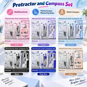 SLIGHTDELVE Durable Protractor and Compass Set Multifunctional Plastic Ruler Math Compass Kit Drawing Tool Metal Compass Measuring Tools Student Use