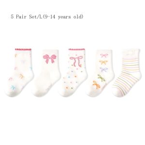 DOWNA 5 Pair Set In họa tiết Tất trẻ em Nơ xếp ly Bông Tất cổ chân cho bé gái Đàn hồi mềm mại Tất thể thao trẻ em Trang phục hàng ngày
