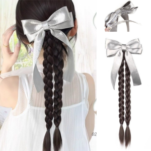DEER Ballet Style Silver Bowknot Ponytail Boxing Braided Hair Extension Pony Tail Hairpiece Hair Accessories Natural Twist Braid Wig for Women