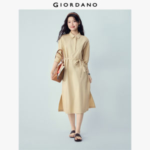 Giordano Women Dress Mid-Sleeve 100% Cotton Woven Tie Lapel Maxi Non-Stretch Free Shipping 05466349
