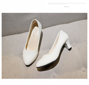 Free Shipping Black Pointed-Toe Chunky-Heeled Pumps WomenS Professional Work Shoes Shallow-Cut High Heels Genuine Leather Work Shoes