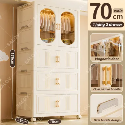 SALVO Lemari Pakaian Plastik Lipat 70cm Roda 360° Lebar 70CM Jumbo Gantung Susun Almari Pakaian Besar